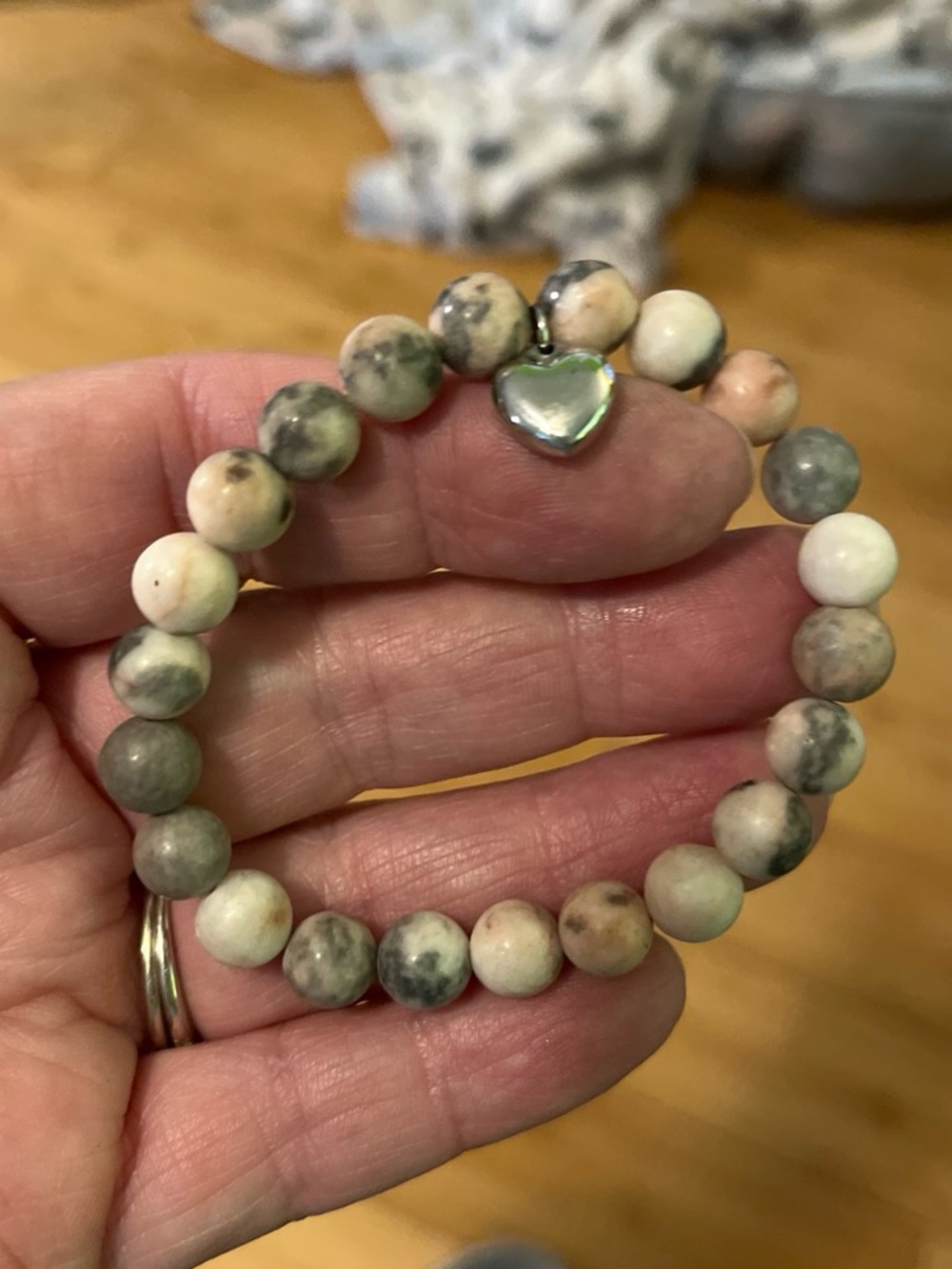 Beaded Heart Charm Bracelet - Green Cream Stone Beads 1755